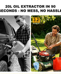 Hassle Free Cordless Fuel Transfer Pump Compatible With DeWalt And Milwaukee Batteries Delivers 3.2 GPM Flow in use with gasoline can and mower.