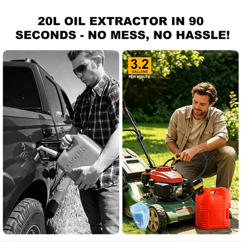 Hassle Free Cordless Fuel Transfer Pump Compatible With DeWalt And Milwaukee Batteries Delivers 3.2 GPM Flow in use with gasoline can and mower.