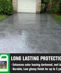 Top Tier Stone Sealer One Gallon Slick Wet Look Finish For Pavers Driveways Patios on a freshly sealed stone driveway.