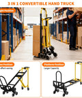 Hella Tough Aluminum Hand Truck And 3 In 1 Convertible Folding Dolly Cart With Stair Climbing Wheels shown in warehouse with boxes.