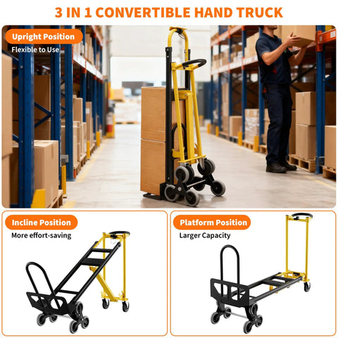 Hella Tough Aluminum Hand Truck And 3 In 1 Convertible Folding Dolly Cart With Stair Climbing Wheels shown in warehouse with boxes.