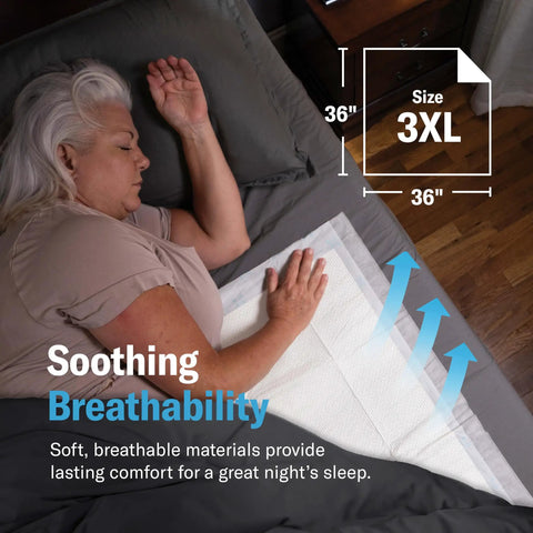 Boss Level Heavy Duty Disposable Adult Incontinence Underpads XXX Large 36 By 36 Inch on bed, soft and breathable for overnight use.