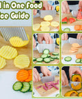 FANTEXY stainless steel crinkle cutter with wave blade and black handle, slicing potatoes on a cutting board