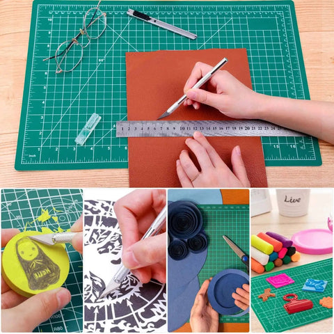 Collage showing a Self Healing Cutting Mat For Sewing And Crafts 12x18 Inch Double Sided 5-Ply Rotary Cutting Surface in use