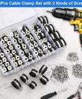 176 Piece Cable Clamps Set With Screws Eight Sizes Rubber Insulated Stainless Steel Cushioned Pipe And Loop Clamps For Wire And Cord Automotive Installation And DIY Wiring All In One Pro Grade Kit displayed with drill and accessories
