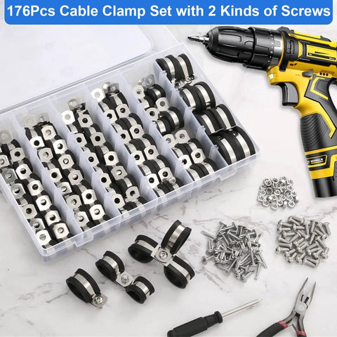 176 Piece Cable Clamps Set With Screws Eight Sizes Rubber Insulated Stainless Steel Cushioned Pipe And Loop Clamps For Wire And Cord Automotive Installation And DIY Wiring All In One Pro Grade Kit displayed with drill and accessories