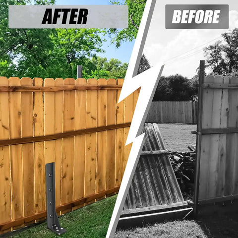 Heavy Duty Fence Post Repair Kit For Wood Posts With Ground Stakes And Post Anchors Before and After Installation
