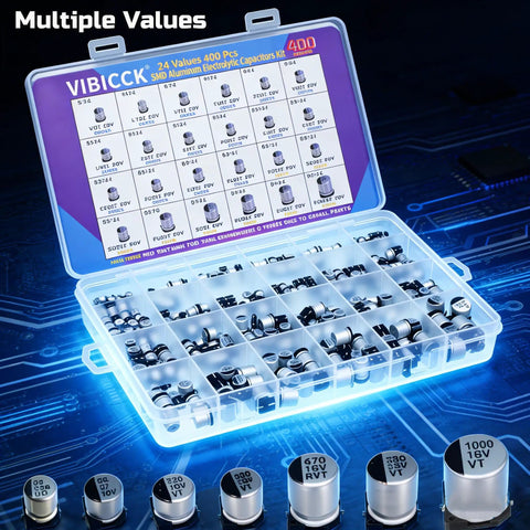 400 Piece Aluminum Electrolytic Capacitors Assortment Kit With 24 Values For SMD And Through Hole Circuits, Low Frequency Bypass Cap Set