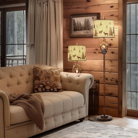 Rustic Farmhouse Antlers Floor Lamp With Nightlight, 63.5 Inch Tall Brown Finish in cozy living room setting