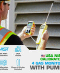 Technician using 4 Gas Monitor With Pump For Confined Spaces, O2 CO H2S LEL Sensors, USB Rechargeable, NIST Calibration Certificate