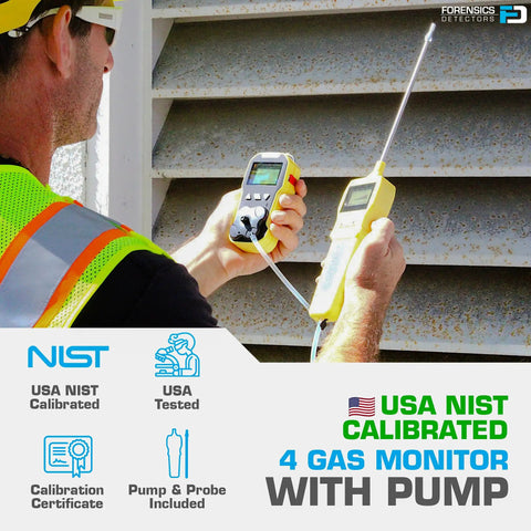 Technician using 4 Gas Monitor With Pump For Confined Spaces, O2 CO H2S LEL Sensors, USB Rechargeable, NIST Calibration Certificate