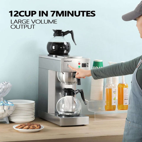 12 Cup Commercial Coffee Maker With Water Line Auto Fill, Stainless Steel Body, Dual Glass Carafes And Two Warmers