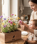 Wildflower Seed Mix Growing Kit With Perennial And Annual Flowers, Burlap Planters, Soil Discs, Wooden Box, And Essential Gardening Tools