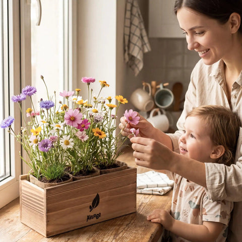 Wildflower Seed Mix Growing Kit With Perennial And Annual Flowers, Burlap Planters, Soil Discs, Wooden Box, And Essential Gardening Tools