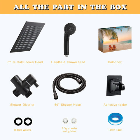 Components of High Pressure 8 Inch Square Rain Shower Head With Handheld, 304 Stainless Steel, Matte Black Finish included in box