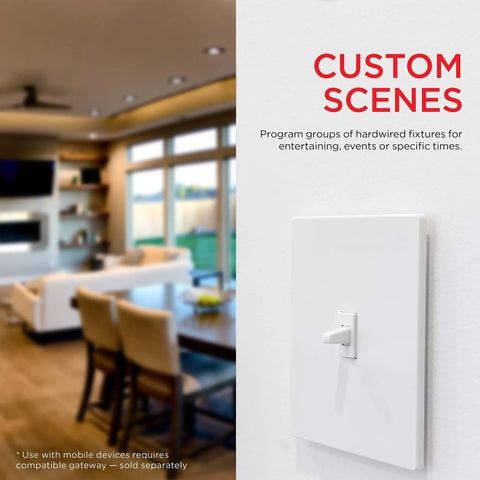 Z-Wave Smart Light Switch With QuickFit And SimpleWire, white finish, installed on wall, modern living room background