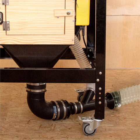 Big Gulp Dust Hood For Woodworking Dust Collection With 13 X 16 Inch Opening Plastic Dust Hood Attachment beneath a workbench