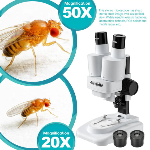 Grab And Go Portable Stereo Microscope With 20X And 50X Magnification, LED Light, WF Eyepieces, And 65 To 102 Mm Working Distance, Great For Insect Specimens And Mineral Studies, Includes 10 Slides And 12 Mineral Specimens, with 50x and 20x views