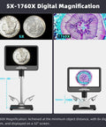 4K 60FPS HDMI Digital Microscope With 10.1 Inch Screen For Soldering And Coin Work Real Time Live View Pro Grade Picture Quality And Built In Microphone For Audio And 4K Video, metal boom stand, coin and plant specimen