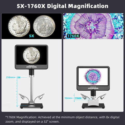 4K 60FPS HDMI Digital Microscope With 10.1 Inch Screen For Soldering And Coin Work Real Time Live View Pro Grade Picture Quality And Built In Microphone For Audio And 4K Video, metal boom stand, coin and plant specimen