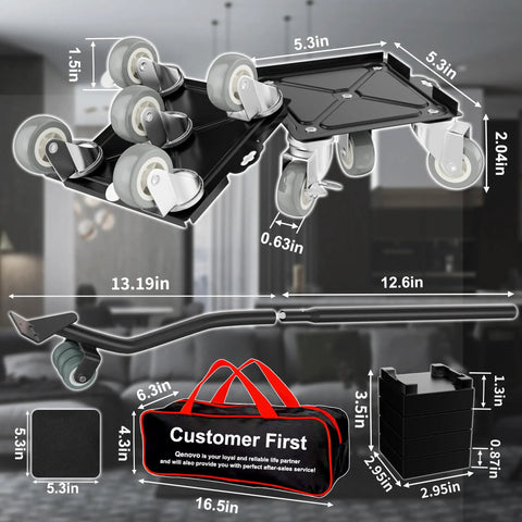 Kick Ass Heavy Duty Furniture Movers And Sliders Kit With 5 Wheel Dollies includes toolset and protective pads for easy appliance moving.