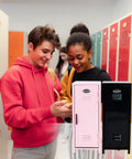 Pink Miniature Metal Locker With Secure Diary Lock And Two Keys For Hella Cute Desk Setup next to a black locker in a school hallway.