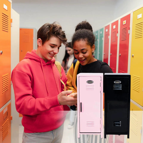 Pink Miniature Metal Locker With Secure Diary Lock And Two Keys For Hella Cute Desk Setup next to a black locker in a school hallway.