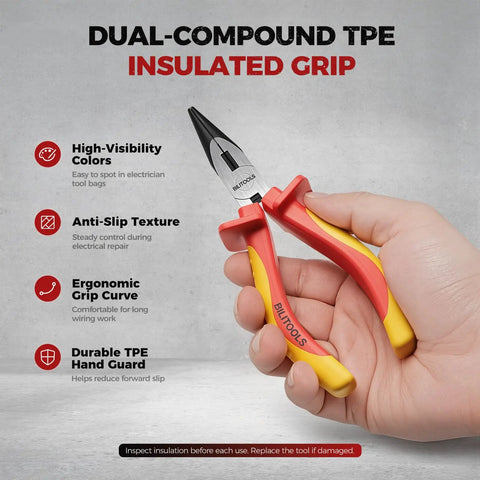 Insulated Needle Nose Pliers, 6 Inch, 1000V VDE Certified, Cr V Steel, Long Narrow Jaws For Tight Spaces, Reaches Into Electrical Boxes And Dense Panels, Pro Grade Tool For Electricians And Wiring Bundles, insulated grip shown