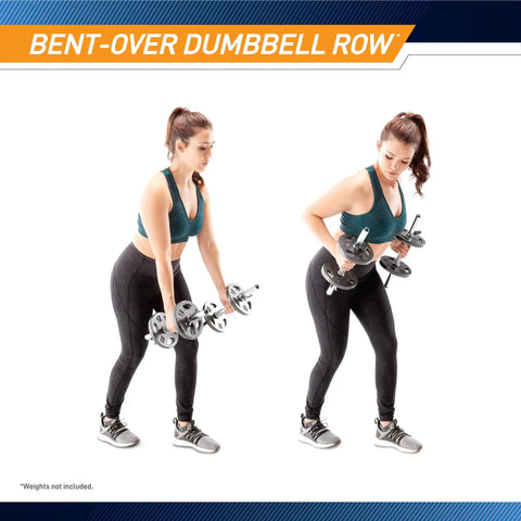 Person demonstrating bent-over row with Standard Size Curl Bar And Dumbbell Handle Set with 1 inch plates, home gym use.