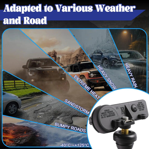 Four Pack TPMS Tire Pressure Monitoring Sensors Direct Replacement Fits Chevy Silverado 1500 Equinox Tahoe GMC Sierra 1500 Yukon Acadia 2007 To 2022 Dead On Fit Guarantee with weather adaptability.