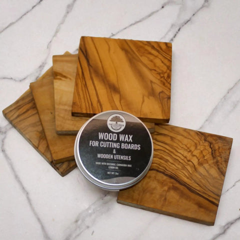 Food Grade Beeswax Wood Polish For Cutting Boards And Butcher Blocks with wood wax containers and wooden cutting boards.