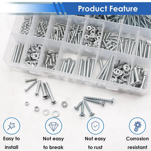 Heavy Duty Workhorse Nuts And Bolts Assortment Kit With Washers And Wood Screws 453 Piece Set M3 M4 M5 M6 showing organized hardware in storage container.