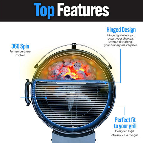 EasySpin 304 Stainless Steel Charcoal Grill Cooking Grate For 22 Inch Kettles With Large Hinged Opening and Two Zone Grillin Design