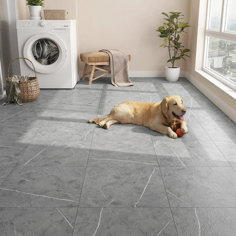 Gray Marble Look Peel And Stick Floor Tiles Self Adhesive Vinyl for a bathroom or bedroom renovation, 12x12 inch, pet-friendly