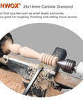 28x10mm carbide diamond tool crafting intricate wooden object on lathe with sawdust around