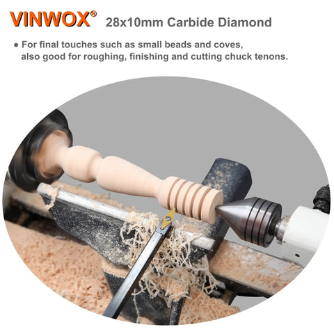 28x10mm carbide diamond tool crafting intricate wooden object on lathe with sawdust around
