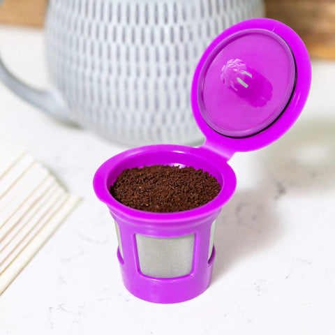Two Item Bundle With Reusable K Cup Coffee Filters Four Pack And EZ Scoop 2 Tbsp Scoop With Integrated Funnel purple pod filled