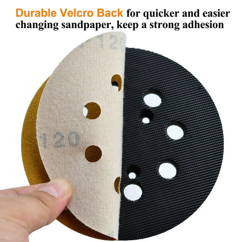 5 Inch 120 Grit Hook And Loop Sanding Discs With 8 Holes For Random Orbit Sander, showing Velcro back and alumina grain