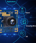 Close-up of Rock Solid 1080P USB Security Camera Module With Wide Angle Lens showing FHD 1080p capabilities against a tech background.