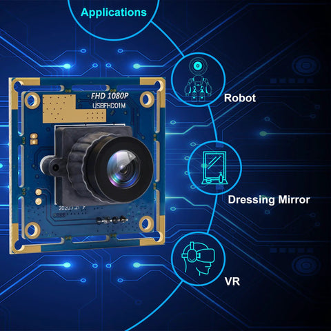 Close-up of Rock Solid 1080P USB Security Camera Module With Wide Angle Lens showing FHD 1080p capabilities against a tech background.