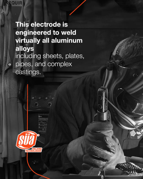 Aluminum E4043 Stick Electrode Rod For Welding All Aluminum Alloys In Production And Repair One Eighth Inch By Fourteen Inch One Pound Pack With Dense Coated Surface For Easy Flux Coverage And Boss Welds Pro Grade Performance. Image shows a welder holding an electrode.