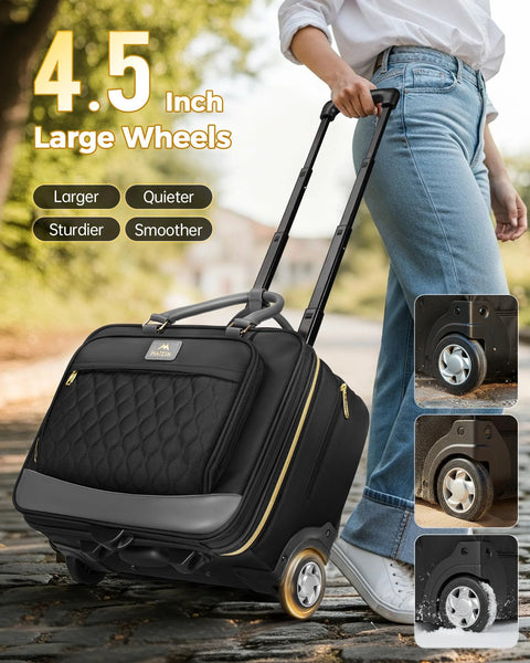 MATEIN rolling laptop bag with large wheels, black quilted front, airline-approved underseat carry-on