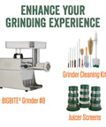BigBite Juicer Attachment For Meat Grinders Turn Your Grinder Into A Juicer Station shown with grinder, screens, and cleaning kit
