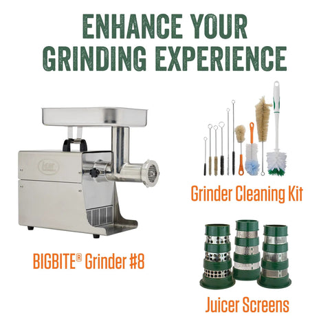 BigBite Juicer Attachment For Meat Grinders Turn Your Grinder Into A Juicer Station shown with grinder, screens, and cleaning kit