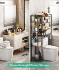 Before and after image of Freestanding Eight Tier Over The Toilet Storage Rack With Adjustable Shelves And Drain Basket Vintage Brown.