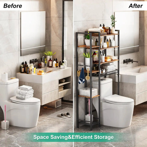 Before and after image of Freestanding Eight Tier Over The Toilet Storage Rack With Adjustable Shelves And Drain Basket Vintage Brown.