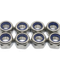Heavy Duty M3 X 0.5mm Nylon Insert Hex Lock Nuts Forged From Grade 18 8 Stainless Steel arranged in a pack of eight.