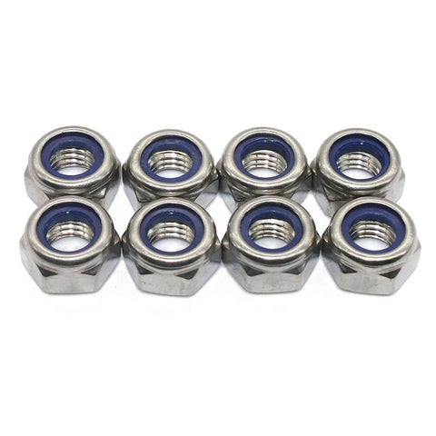 Heavy Duty M3 X 0.5mm Nylon Insert Hex Lock Nuts Forged From Grade 18 8 Stainless Steel arranged in a pack of eight.