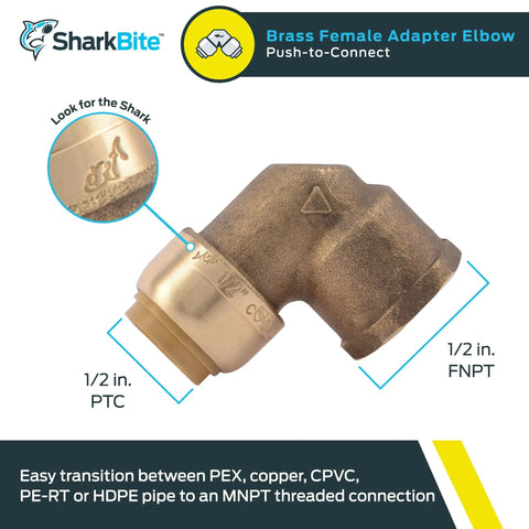 Half Inch To Half Inch Push To Connect 90 Degree Female Elbow Brass Plumbing Fitting For PEX Copper CPVC PE-RT SDR-9 HDPE Pipe