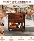 54 Quart Rolling Cooler Cart With Pine Wood Frame, Fold Down Trays, Drainage Plug, And 3 Layer Insulation outdoors